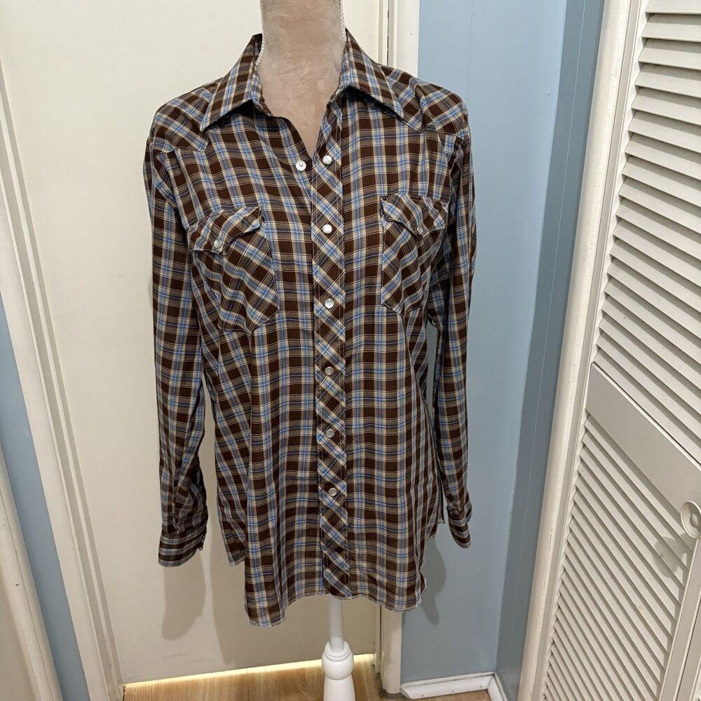 Wrangler Shirt Vintage Brown Long Tails COWBOY CUT Western Pearl Snap Size 16/34